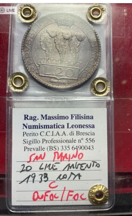 NL* SAN MARINO 20 Lire ARGENTO 1933 Roma QFC/FDC Perizia FILISINA Massimo