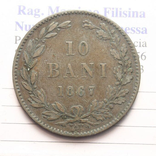 NL* ROMANIA RE CAROL I 10 BANI Rame 1867 WATT & CO.