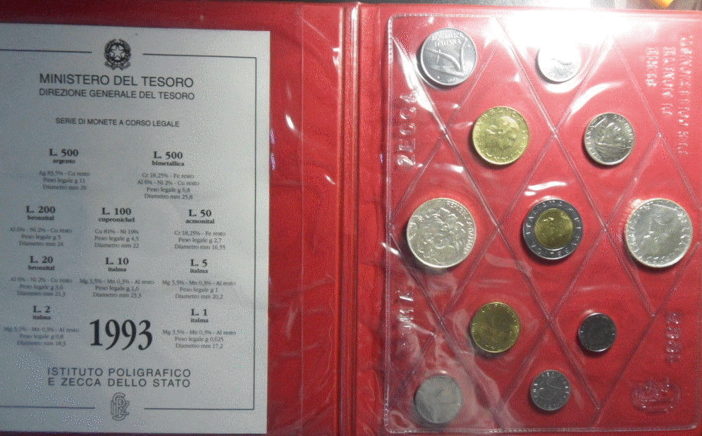 NL* ITALIA Divisionale 1993 GOLDONI 11 V con 500 Lire ARGENTO FDC Set zecca