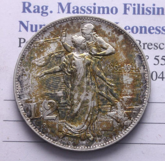 NL* VEIII ITALIA 2 LIRE ARGENTO 1911 CINQUANTENARIO super patina come foto