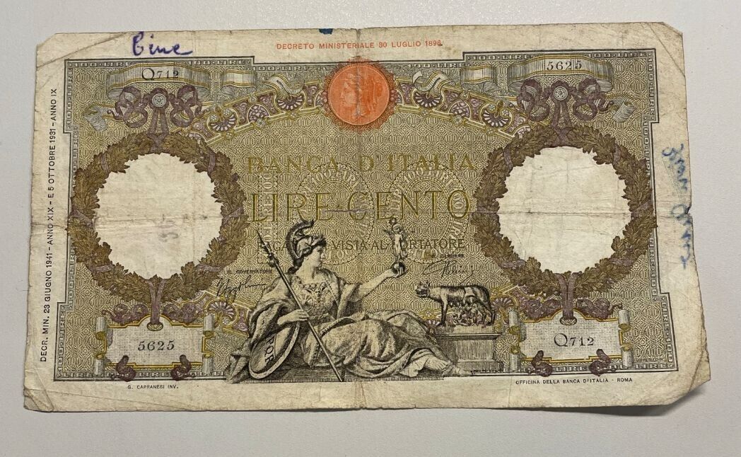 NL* BANCA D'ITALIA Banconota 100 LIRE Capranesi FASCIO Decreti 23 06 1941 Q712