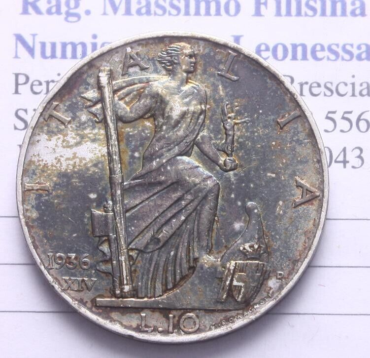 NL* VEIII ITALIA 10 LIRE ARGENTO IMPERO 1936 XIV super patina iridescente