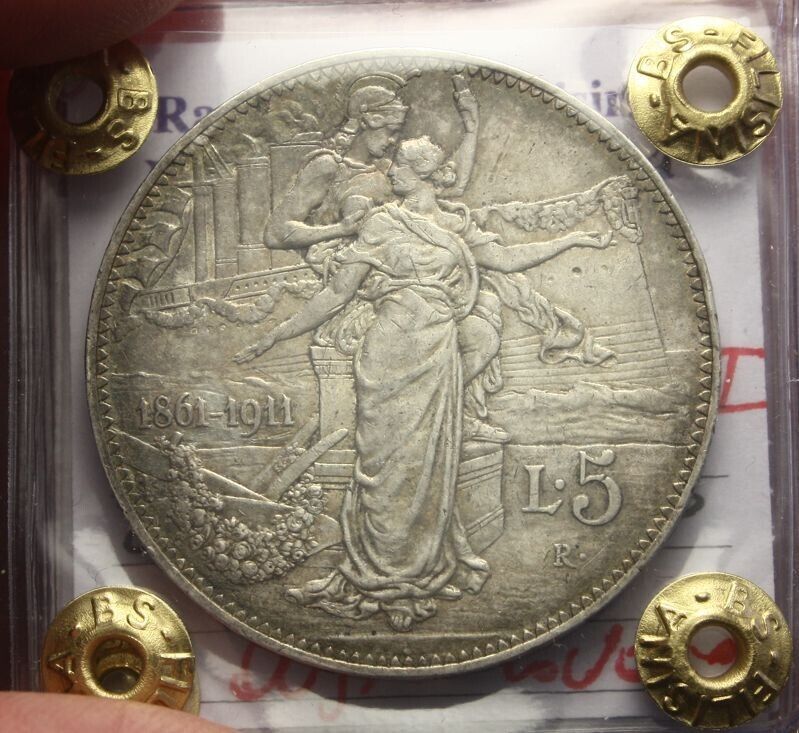 NL* VEIII 5 Lire ARGENTO 1911 CINQUANTENARIO RARA QSPL C Perizia Filisina M.