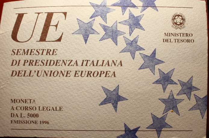 NL* ITALIA 5000 Lire Argento 1996 SEMESTRE PRESIDENZA ITALIA UE FDC SET Zecca