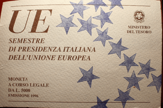 NL* ITALIA 5000 Lire Argento 1996 SEMESTRE PRESIDENZA ITALIA UE FDC SET Zecca