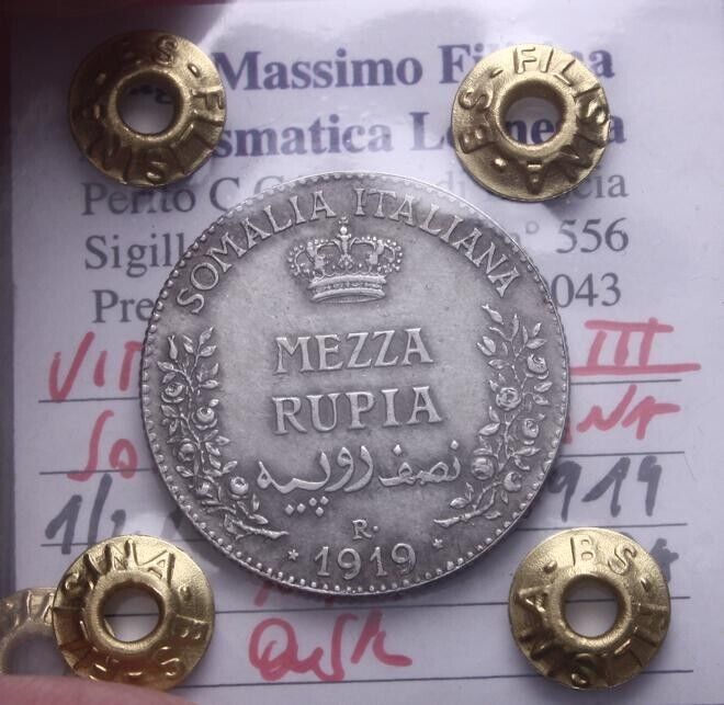 NL* VEIII SOMALIA MEZZA RUPIA ARGENTO 1919 RARA QSPL Perizia Filisina Massimo