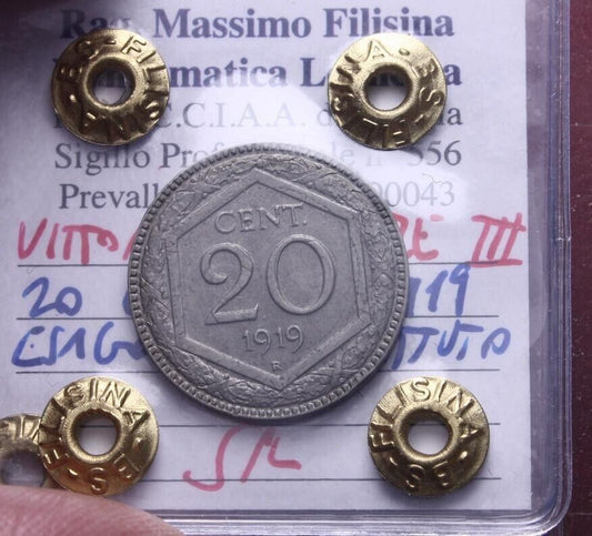 NL* VEIII 20 CENTESIMI ESAGONO 1919 RIBATTUTO SPL Perizia Filisina M.