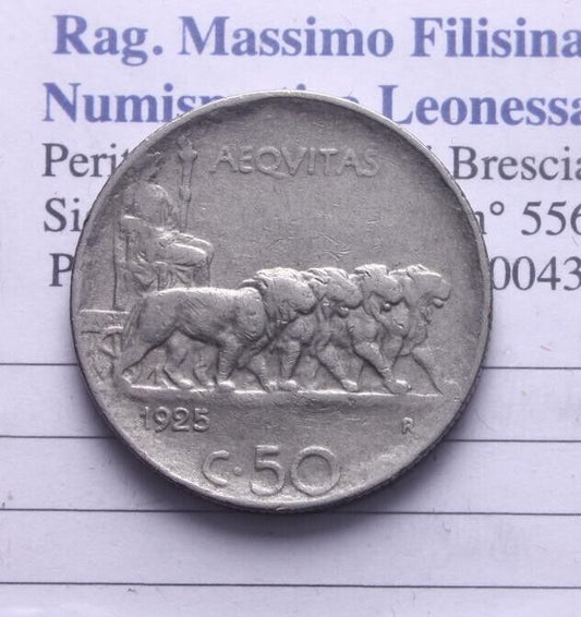 NL* VEIII Italia 50 CENTESIMI LEONI 1925 CONTORNO RIGATO come da foto