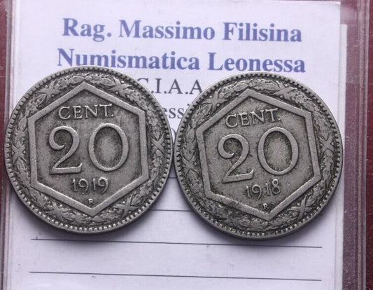 NL* VEIII LOTTO 2 PEZZI 20 CENTESIMI ESAGONO 1918 E 1919 Contorno Liscio