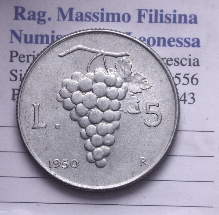 NL* Italia Repubblica 5 LIRE ITALMA 1950 UVA Superba conservazione con lustro