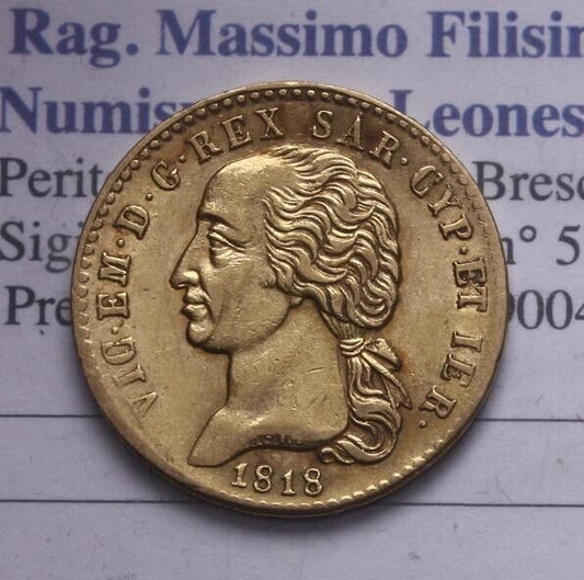 NL*VITTORIO EMANUELE I Marengo 20 LIRE ORO 1818 TORINO RARO BB+ Perizia Filisina