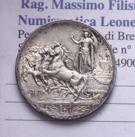 NL* VEIII Italia 1 LIRA ARGENT0 1917 QUADRIGA BRIOSA SUPER LUSTRO E PATINA