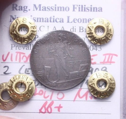 NL* VEIII Italia 2 CENTESIMNI PRORA 1908 MOLTO RARO BB+ Perizia Filisina Massimo