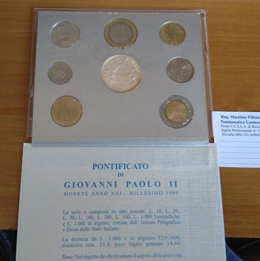 NL*VATICANO GIOVANNI PAOLO II Divisionale 1999 XXI 8 valori + 1000 Lire Argento