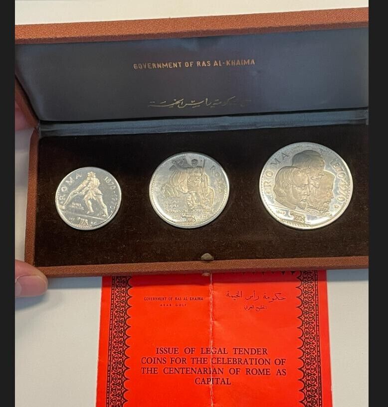 NL* RAS AL KHAIMAN SILVER Set 15 10 7,5 RIYALS in ARGENTO 1970 ROMA CAPITALE FS